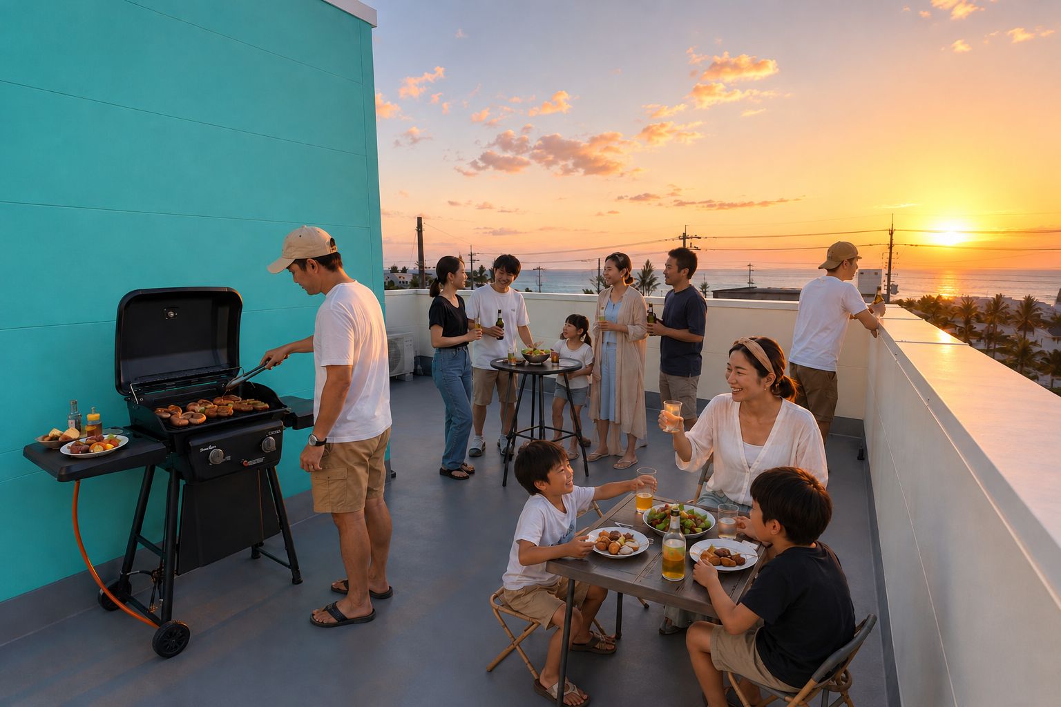 A group of people gathered around a barbecue grill on a rooftop terrace with a sunset view.