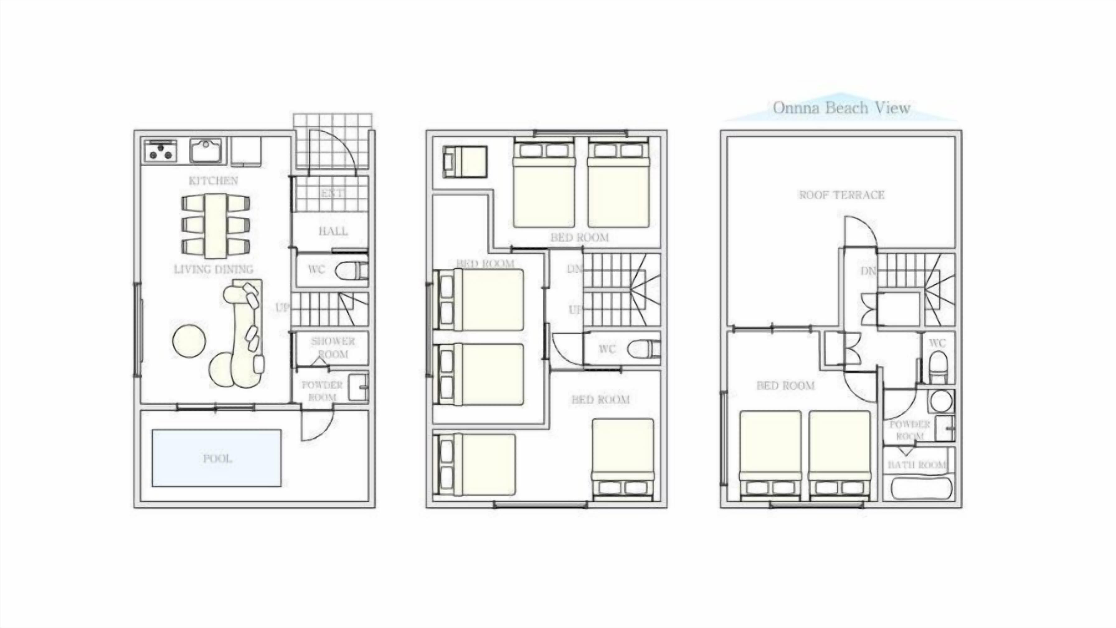 Trois plans d’étage d’un hôtel : le premier comprend une cuisine, un salon-salle à manger et des toilettes de courtoisie ; le deuxième comprend plusieurs chambres et des toilettes de courtoisie ; et le troisième comprend une terrasse sur le toit, une chambre, des toilettes de courtoisie et une salle de bain.