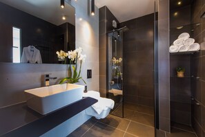 Combined shower/tub, hair dryer, towels, soap