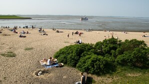 A beach with people sunbathing and a boat in the water. - Vacation with dog, and without dog (Varel)