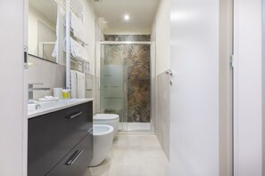 Shower, hair dryer, bidet, towels