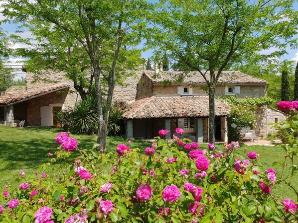 A stone building with a tiled roof, surrounded by lush greenery and flowering plants.