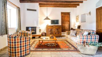 Televisie, een open haard, een dvd-speler en boeken