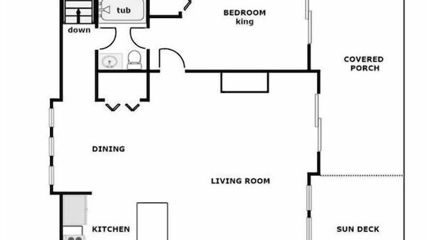 A top floor layout with a bedroom king, covered porch, dining, living room, kitchen, and sun deck.