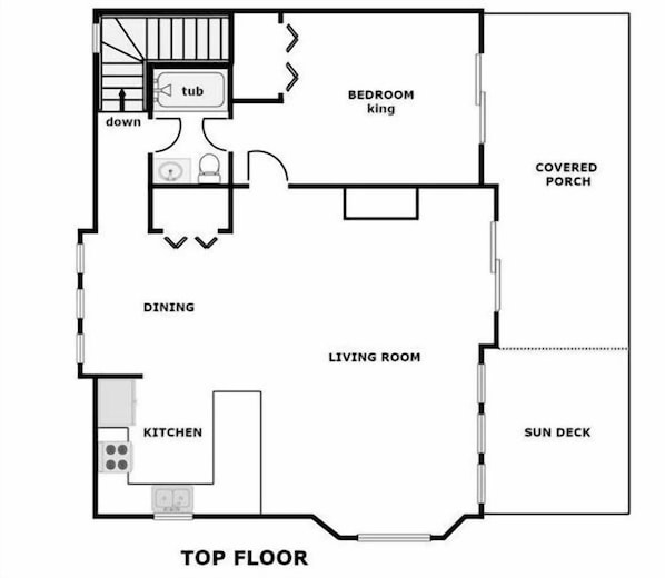 A top floor layout with a bedroom king, covered porch, dining, living room, kitchen, and sun deck.