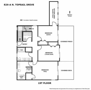 A 1st floor floor plan of a property at 826-A N. Topsail Drive, featuring a covered porch, a covered deck, and multiple bedrooms including a king-size bedroom and two bunk beds.