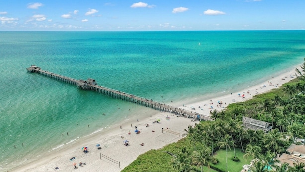 Ein Strand mit einer langen Pier, die sich ins Meer erstreckt, feiner Sand, Menschen und Sonnenschirme sowie üppiges Grün.