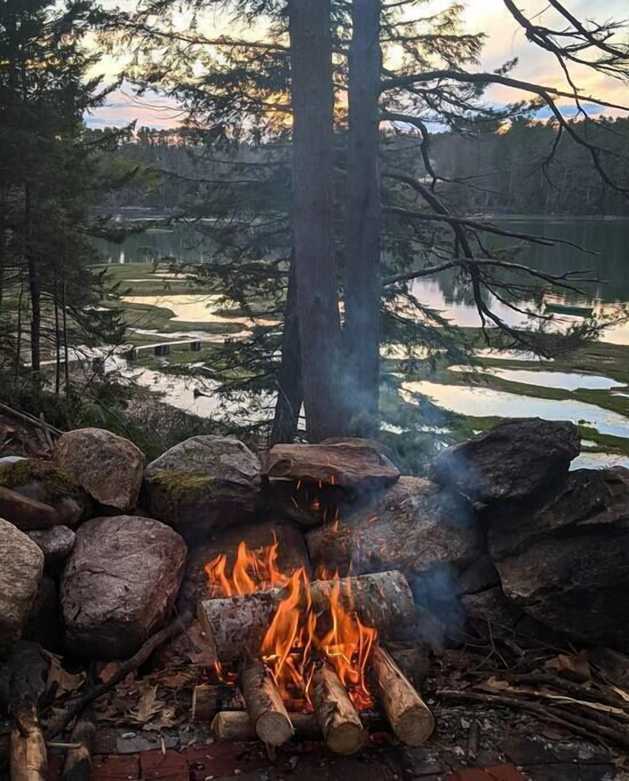 A campfire surrounded by rocks with a forest and a lake in the background.
