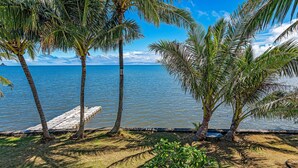 Una playa con palmeras, un muelle de madera y vista al océano.