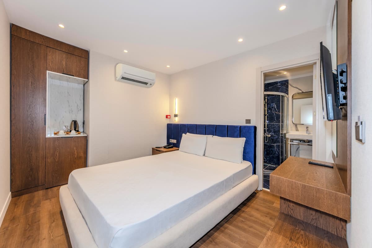 A modern hotel room with a large bed, wooden wardrobe, built-in air conditioning, a bathroom with a marble shower, and a flat-screen TV mounted on the wall.