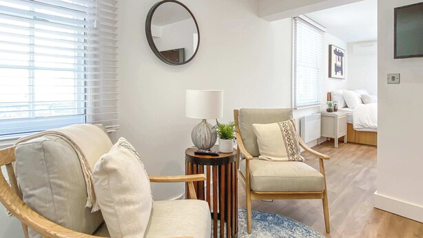 A modern living room with two wooden chairs, a round coffee table, a blue patterned rug, and a small side table with a lamp and plant. - Snug Cuppin Street Apartment (Chester)