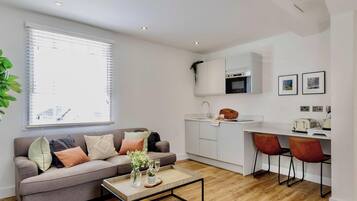 Un apartamento moderno con sala de estar, kitchenette y comedor.