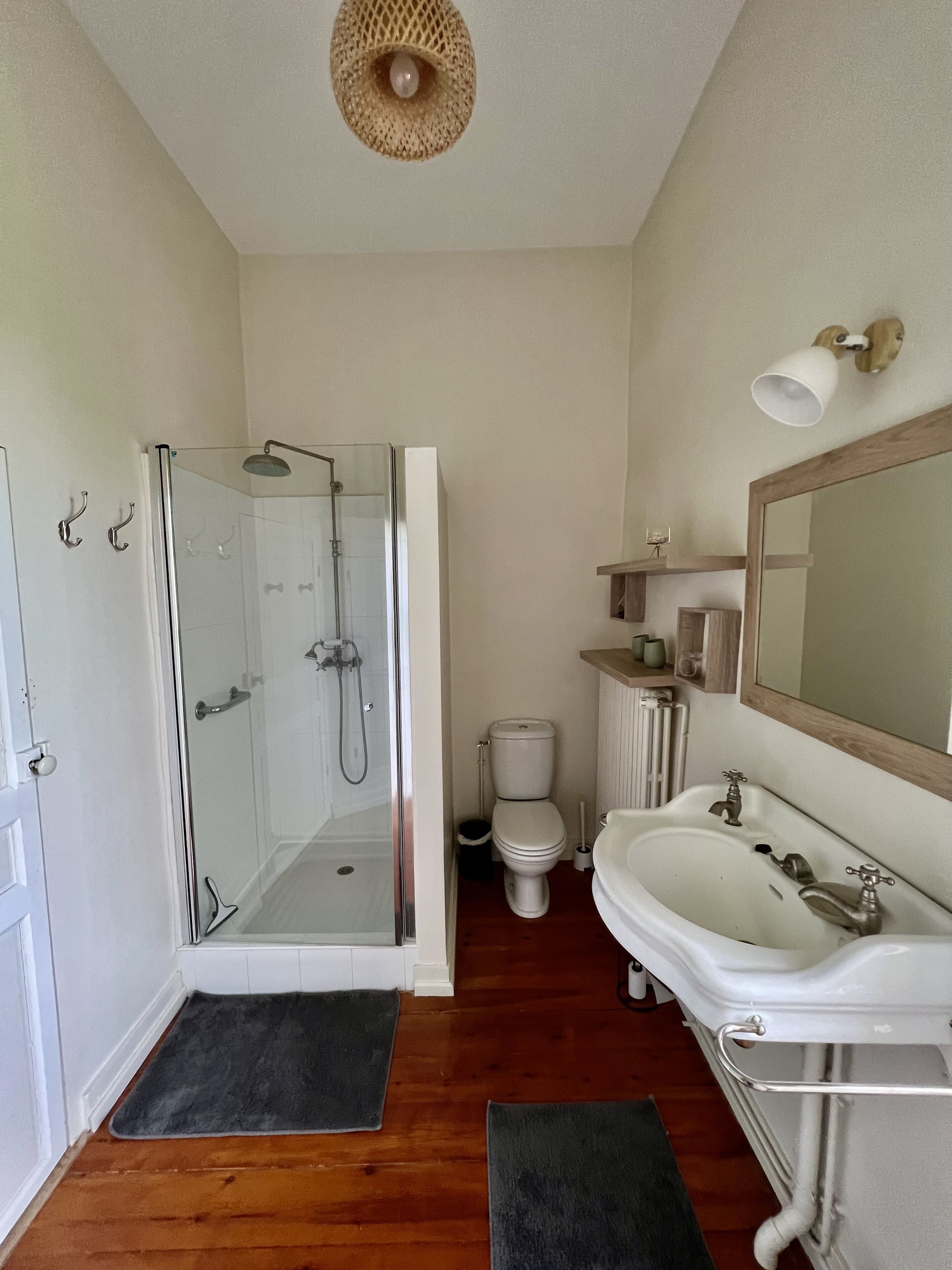 A bathroom with a glass-enclosed shower, a white sink, and a toilet.