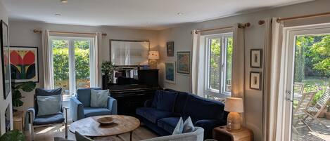 Smart TV, fireplace, DVD player, books