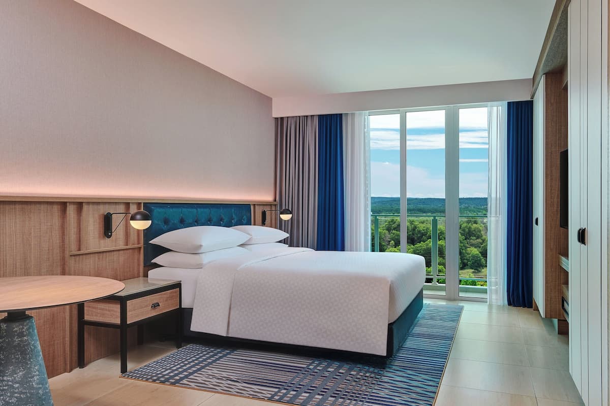 A hotel room with a bed, a desk, and a view of the outdoors.