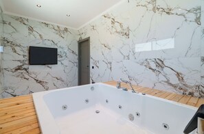 Combined shower/bathtub, hair dryer, towels