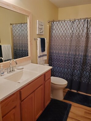 Combined shower/bathtub, hair dryer, towels, soap - Peaceful Scenic Pond & Home Close to Beach/Sports/Entertainment (Elberta)