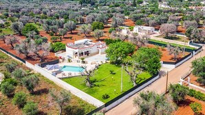 Une grande villa blanche dotée d’une piscine, entourée d’un jardin bien entretenu et d’oliviers.