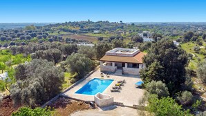 Una villa con piscina, rodeada de olivos y vistas panorámicas.