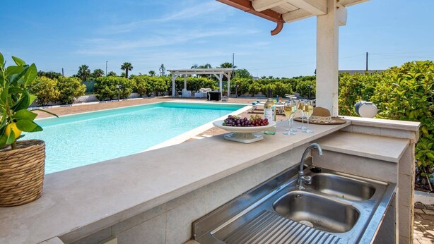 Eine Poolbar mit Spüle, einer Weinflasche und einer Schüssel Weintrauben.