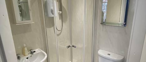 Ein modernes Badezimmer mit einer Glasdusche, einem Standwaschbecken und einer Toilette.