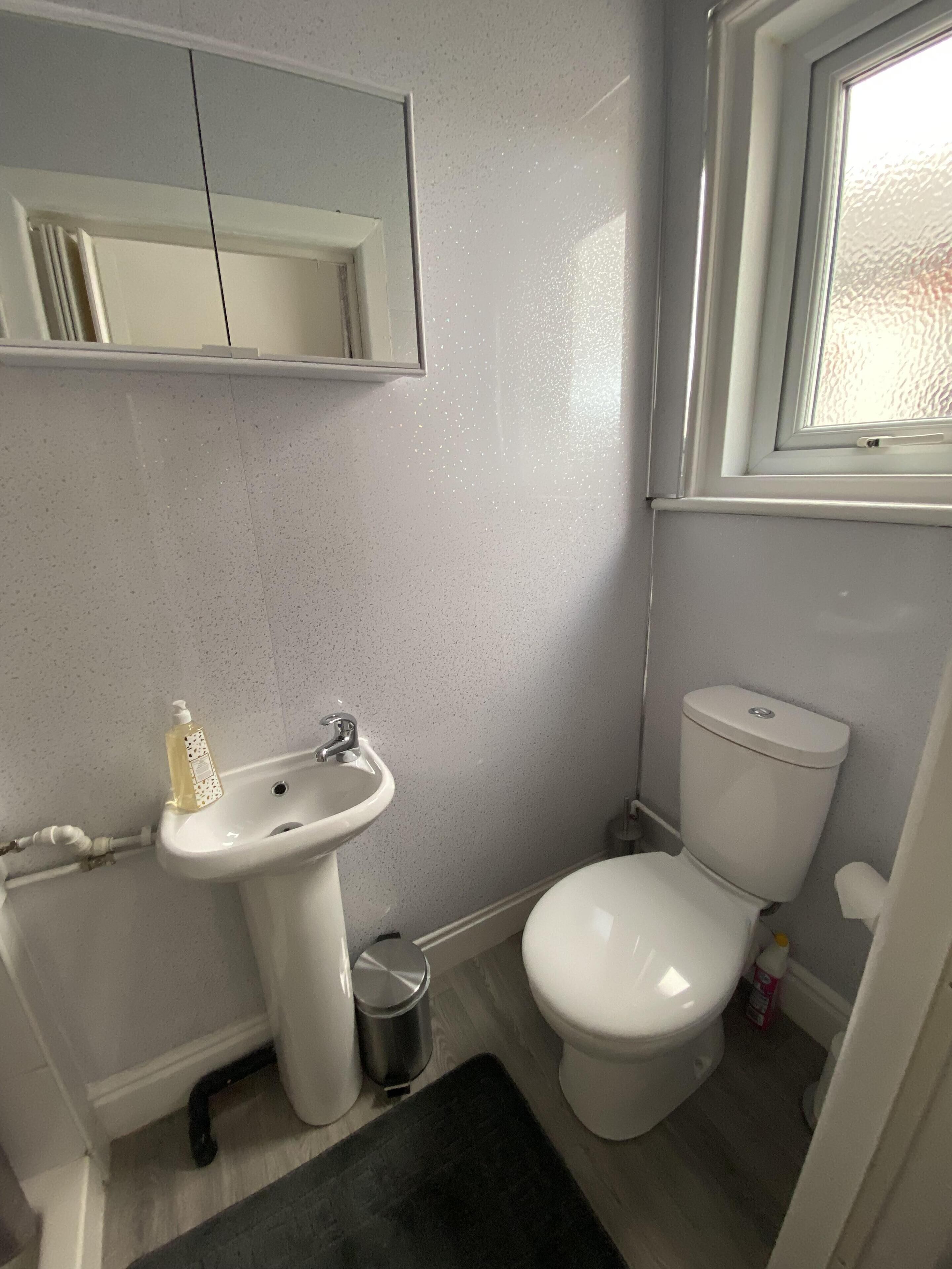 A compact bathroom with a white sink, a toilet, and a small window.
