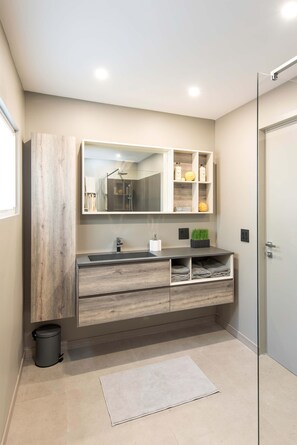 Combined shower/tub, hair dryer, towels, soap