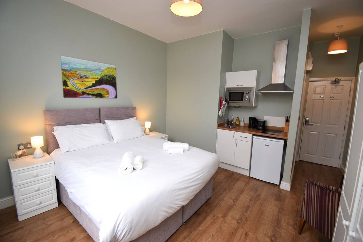 A bedroom with a bed, bedside tables, a painting, a kitchenette, and a door.