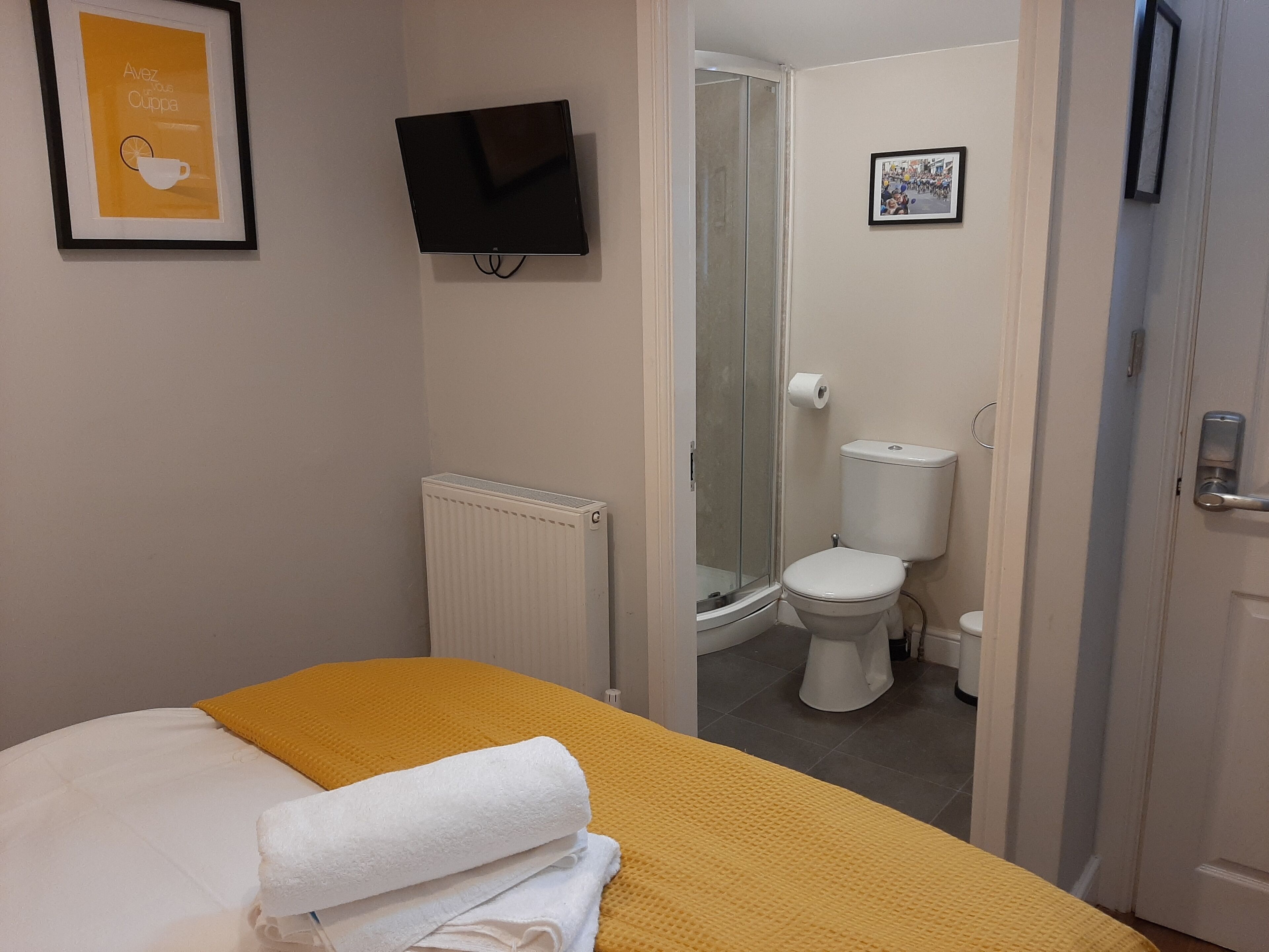 A hotel room with a bed, a bathroom with a toilet and shower, a TV, and a framed picture on the wall.