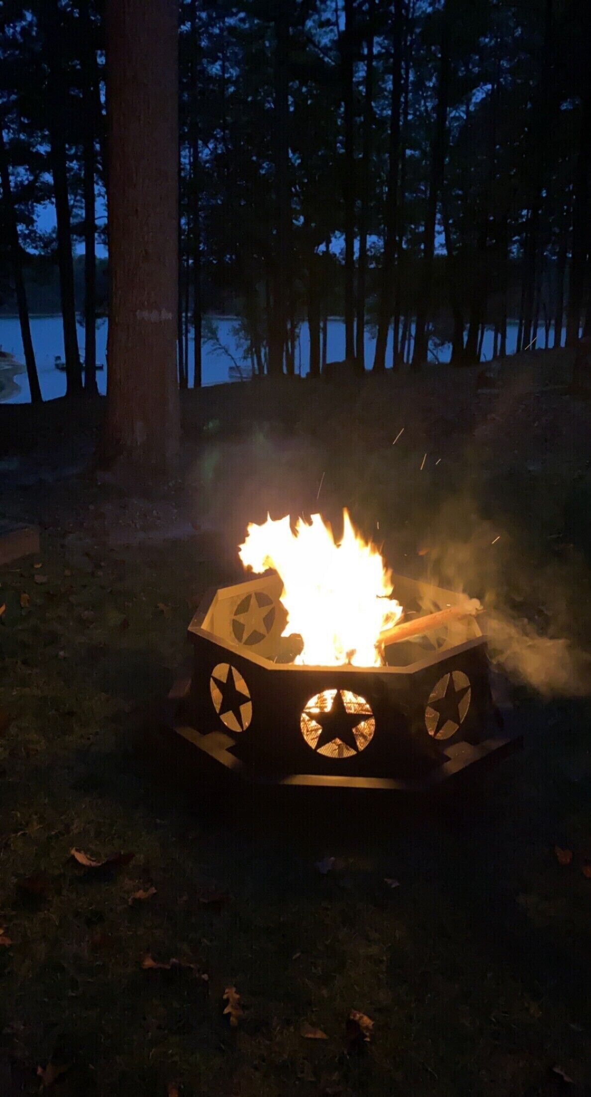 Lejrild med stjernedekorationer i et skovområde.