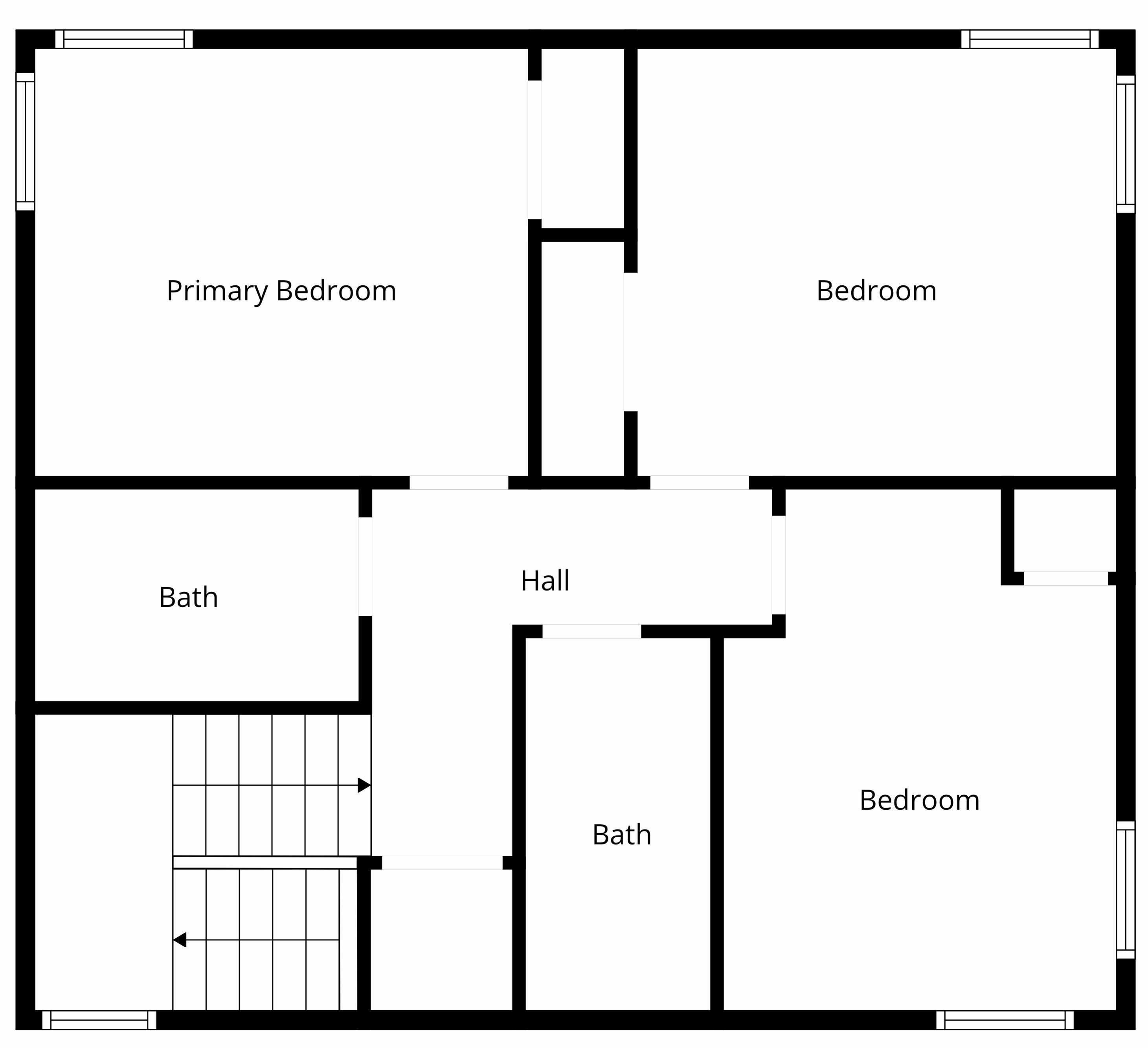 A floor plan with a primary bedroom, two bedrooms, a hall, and two bathrooms.