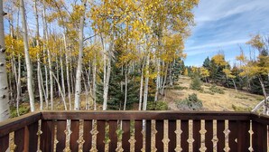 A wooden deck with a railing overlooking a forest of trees with yellow leaves. - Mountain Chalet Tucked in Aspen Grove with Mountain Views (Angel Fire)