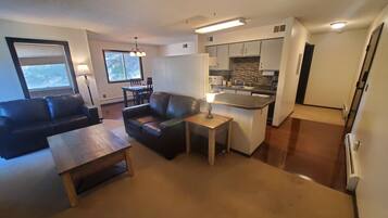 Smart TV, fireplace, video games, DVD player