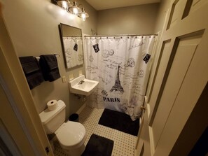 Combined shower/bathtub, hair dryer, towels