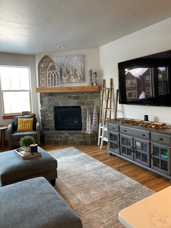 TV connectée, cheminée, jeux vidéo, lecteur de DVD