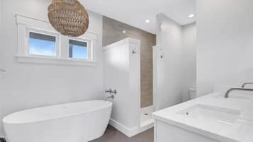 Combined shower/tub, hair dryer, towels, soap