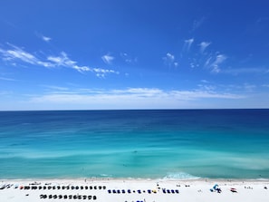 A beach with rows of umbrellas and lounge chairs, a clear sky, and calm sea. - 🌅 INCREDIBLE View ~ Free Beach Service..SPACIOUS-Remodeled Kitchen~Gulf Front 🏖️ (Navarre)