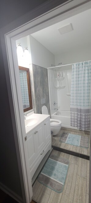 Combined shower/tub, hair dryer, towels, soap