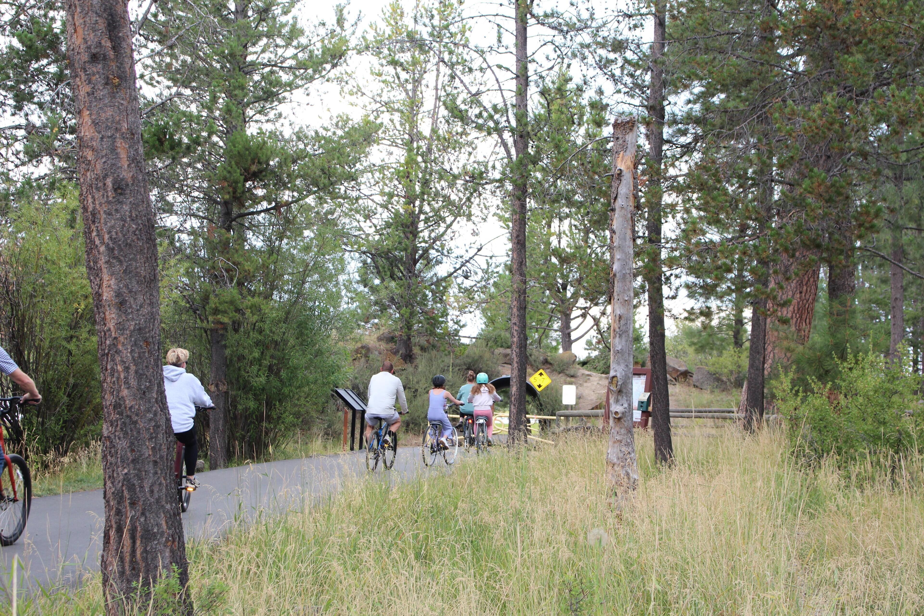 A group of people riding bicycles on a paved path surrounded by trees.