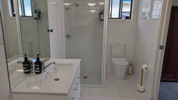 Shower, hair dryer, towels, soap