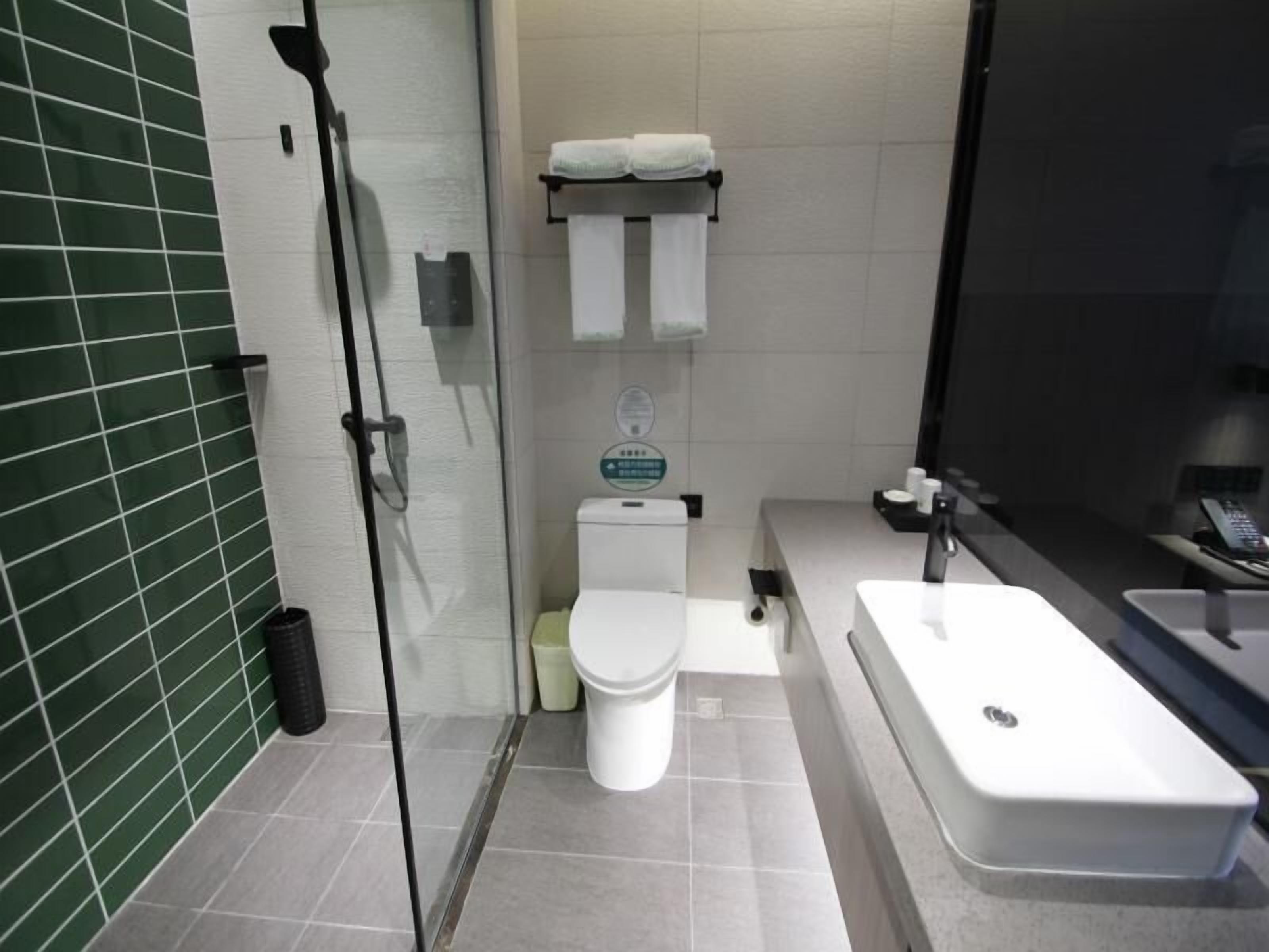 A modern bathroom with a glass shower enclosure, a toilet, and a sink with a mirror.