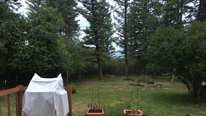 A wooden deck with a covered table and two planters. - Swan Mntn View--Entire, Private Basement Suite, Close to GNP, Whitefish & Lake. (Kalispell)