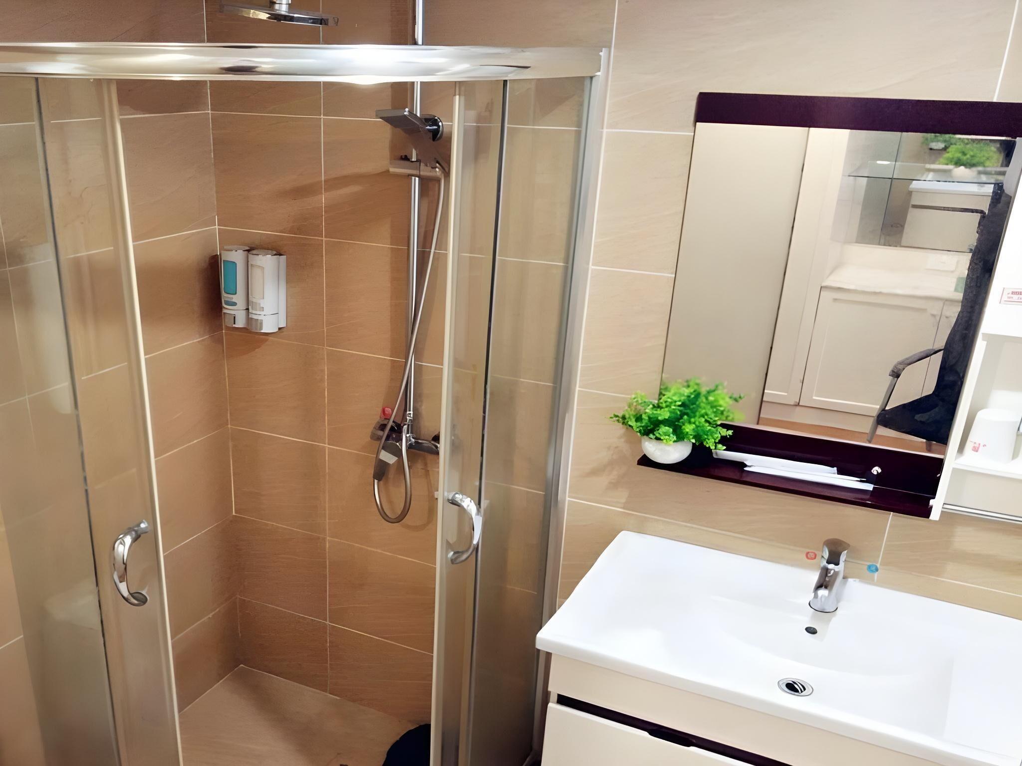 Een moderne badkamer met een douchecabine van glas, een wit wastafelmeubel en een kleine pot met een plantje.