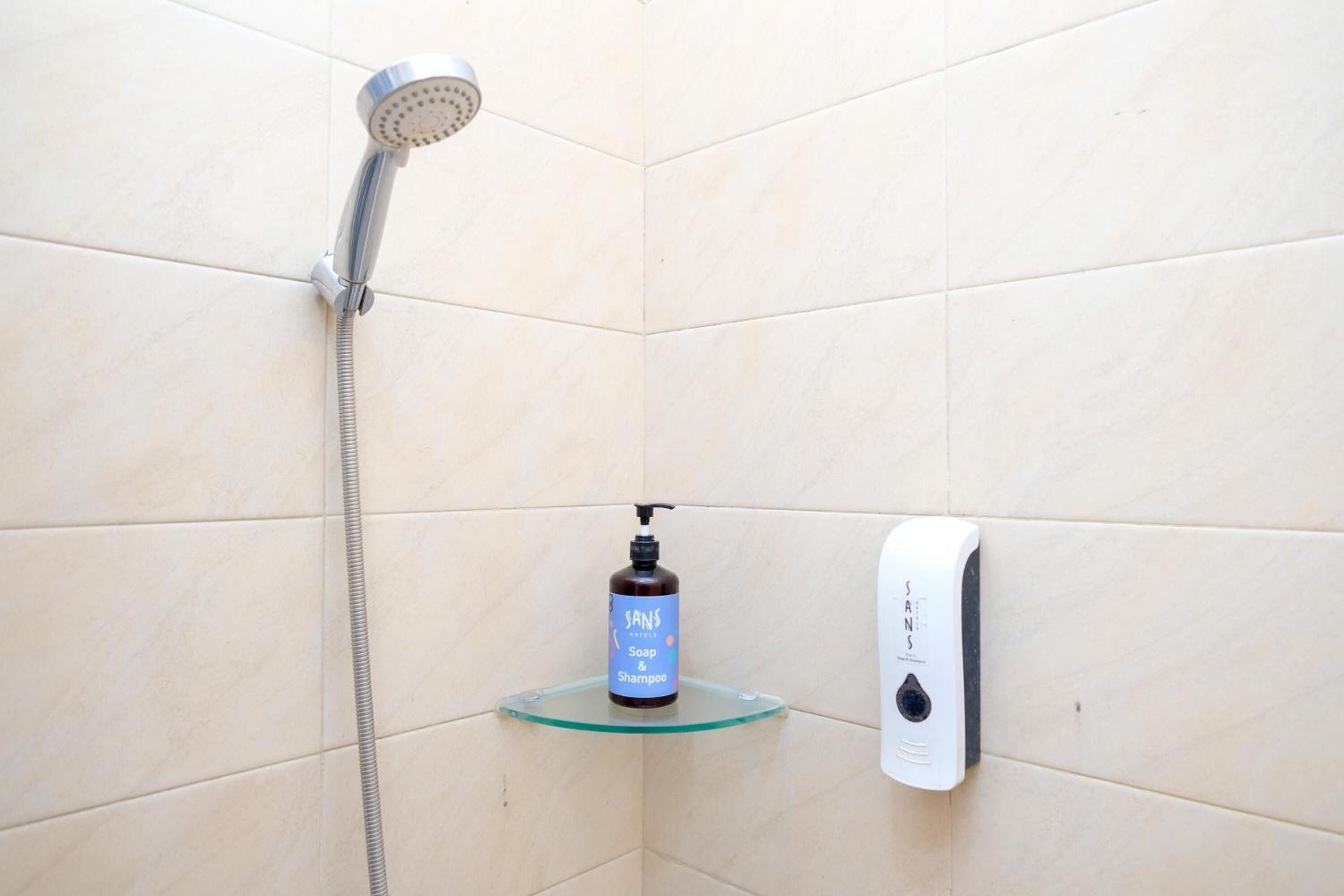 Ein Duschbereich mit Handbrause, einem Glasregal mit einer Sans-Seifen- und Shampooflasche sowie einem wandmontierten Seifenspender.