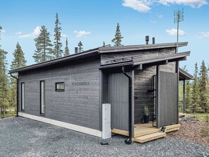 A modern cabin with a wooden exterior, a small porch, and a chimney.