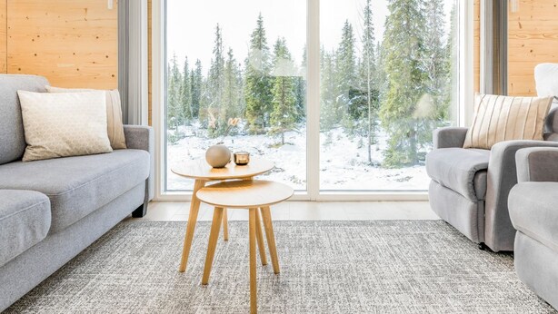 Een moderne woonkamer met een grijze bank, een ronde houten salontafel en een groot raam met uitzicht op een besneeuwd bos.