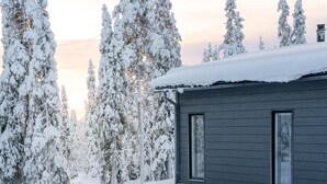 Een modern gebouw met grote ramen en een met sneeuw bedekte dak, omringd door hoge, sneeuwrijke bomen.