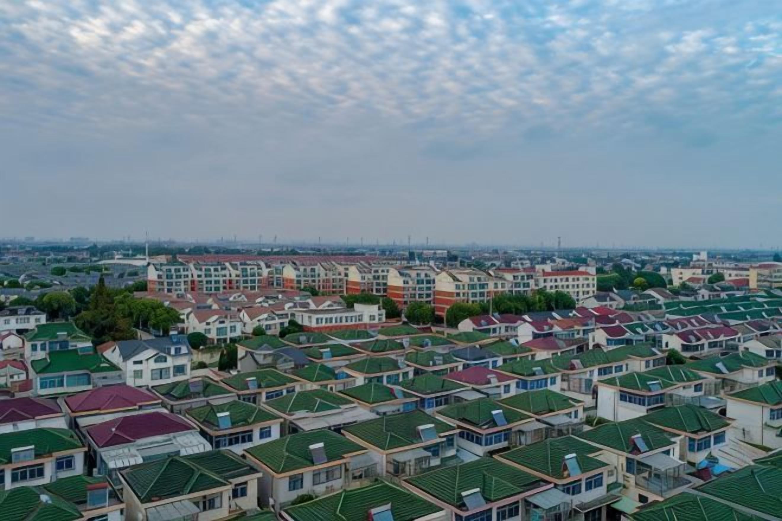 A residential area with multiple houses, each with a distinct roof color and design.