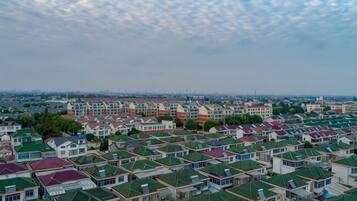 A residential area with multiple houses, each with a distinct roof color and design.