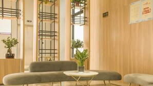 A modern lobby with a grey sofa, a small round table, and a potted plant. - Greentree Inn Taizhou Jiangyan Hardware City Expre (Taizhou)